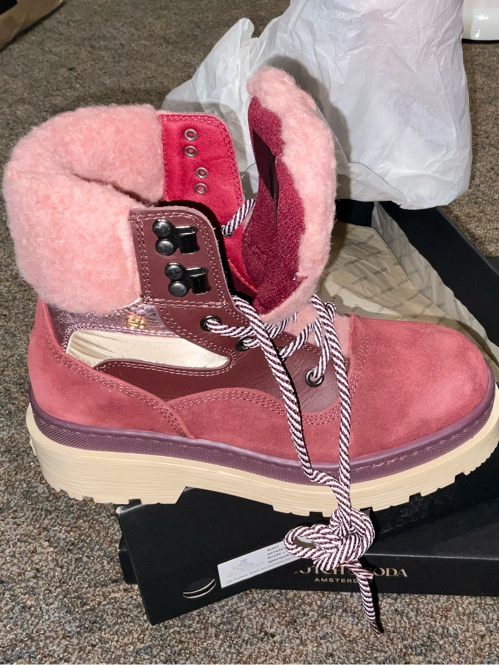 Scotch & Soda Pink Suede Lace-Up Shearling Collar Boots NEW IN BOX sz37 burgundy